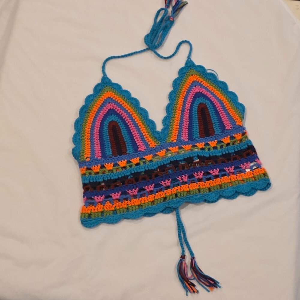 Bestto Boho Festival Crop Top Halter Bralette Size M L Rainbow Tassels - Picture 7 of 16